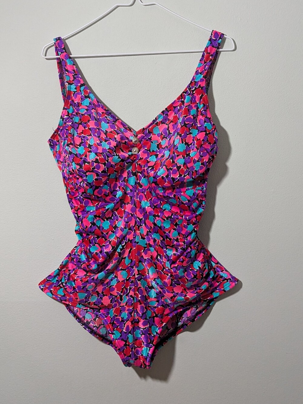 Colorful Splotch 80s/90s Pink Purple One Piece Bathing Swim Suit Christina L/XL?